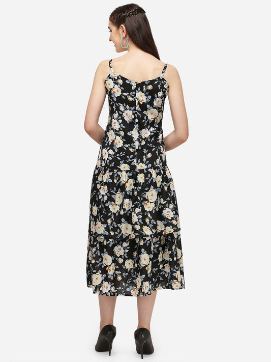 Black Midi Fit and Flare Floral Dress