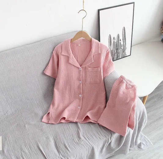 Cotton Short Sleeve Tops with Shorts Peach