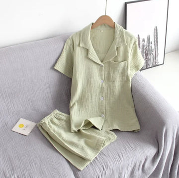 Cotton Short Sleeve Tops with Shorts Green