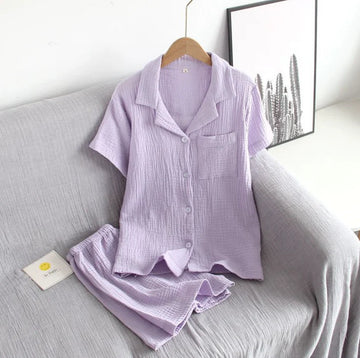 Cotton Short Sleeve Tops with Shorts Purple
