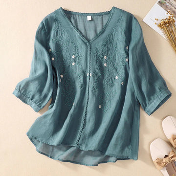 Embroidery Stylish Neck Half Sleeve Top Green