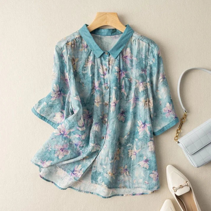 Lapel Button-Down Short Sleeve Printed Top Sky